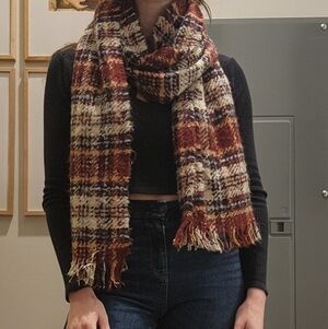Maroon & Cream Plaid Fringe Scarf Cozy Fall Winter Tartan Cottagecore